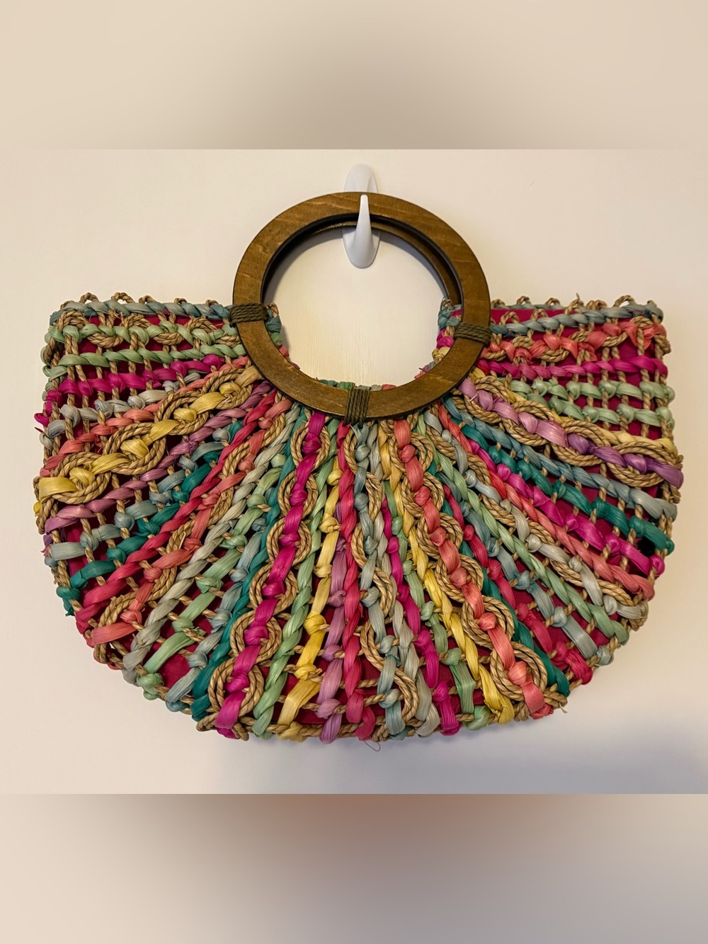 Capelli of New York Multicolor Woven Straw Tote with Wooden Handles